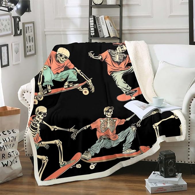 Skateboard Blanket Throw Sugar Skull Fleece Blanket Hip Hop Style Sherpa Blanket for Kids Teen Boys Skateboarding Actions Hippie Fuzzy Blanket Ultra Soft Throw 50"x60" Orange Black Child Room Decor - sugar skull throw blanket