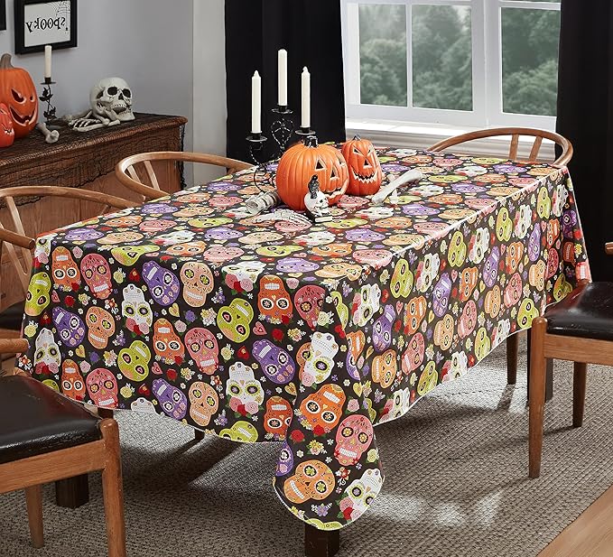 Newbridge Halloween Vinyl Tablecloth with Flannel Backing, 60 x 102 Inch Rectangle, Waterproof Wipe Clean Indoor Outdoor Table Cover, Sugar Skull Print - sugar skull plates set