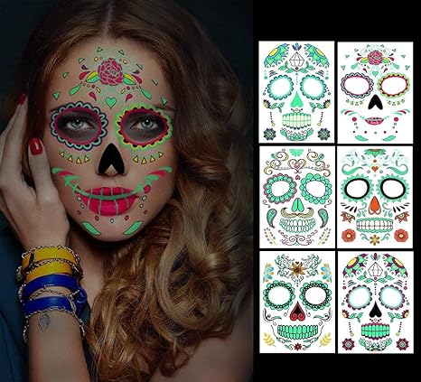 Temporary Face Tattoos, 6 sheets Day of the Dead Decorations Glow in The Dark,Sugar Skull Stickers Halloween Makeup for Men and Women (Face Tattoos) - sugar skull vinyl sticker