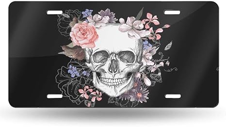 License Plate Sugar Skull Flower Decorative Car Front License Plate,Vanity Tag,Metal Car Plate,Aluminum Novelty License Plate for Men/Women/Boy/Girls Car,6 X 12inch - sugar skull plates set