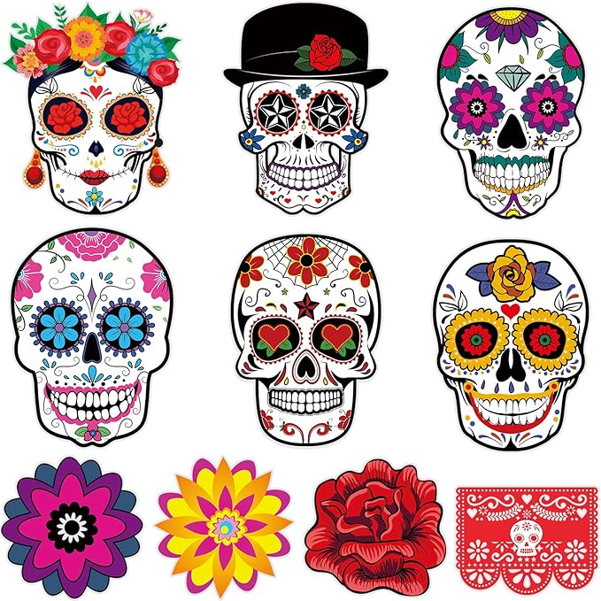 Outus 50 Pcs Day of The Dead Decorations for Altar, Sugar Skull Cutouts for Halloween Mexican Fiesta Party Supplies, Day of The Dead Cutouts Bulletin Board Wall Decor - sugar skull christmas decorations