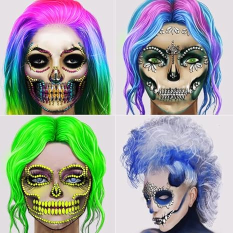 Cosplay Face Tattoos, Day of the Death Skull Temporary Face Gems Jewels Tattoos, Rhinestone Ghost Bride Jade Face Jewels Tattoo Stickers - sugar skull nail art