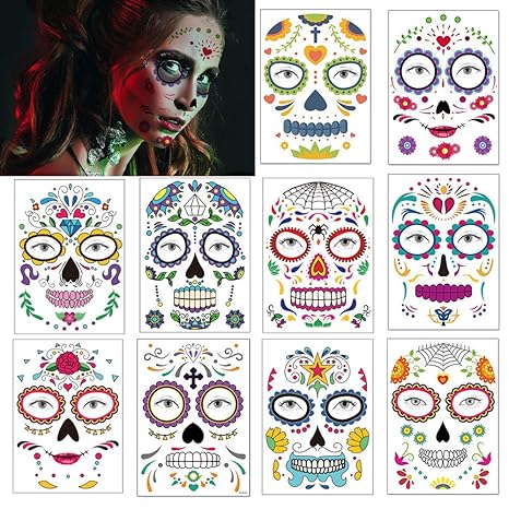 Day of the Dead Tattoos Halloween Face Decorations Stickers Temporary Tattoos Sugar Skull Web Roses Spider Face Makeup Decals for Men Women Kids Halloween Party Favor Supplies 10 Pack - sugar skull temporary tattoo