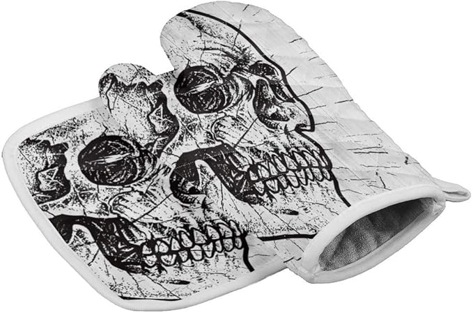 Sugar Skull Oven Mitts and Pot Holders with Soft Inner Lining Heat Resistant Kitchen Gloves, Waterproof Oven Mitt Set for 500 Degrees Skeleton Rustic Wooden Grain Black White - sugar skull oven mitts