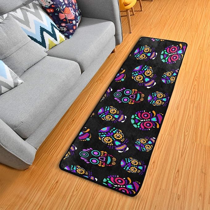 Halloween Runner Rug Colorful Sugar Skull Runner Rug Floor Mat Non-Skid Kitchen Rug Soft Area Rug for Bathroom Entryway Hallway Dining Living Room - sugar skull area rug