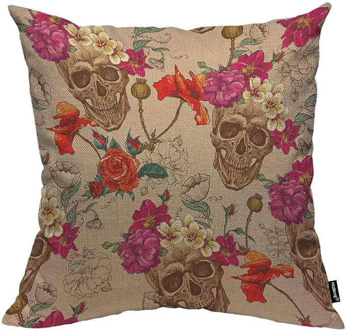 HOSNYE Skull and Flowers Throw Pillow Case Cushion Cover Sugar Skull Smiles Mexican Festival Halloween Cotton Linen for Couch Bed Sofa Car 24x24 inch - sugar skull throw pillow