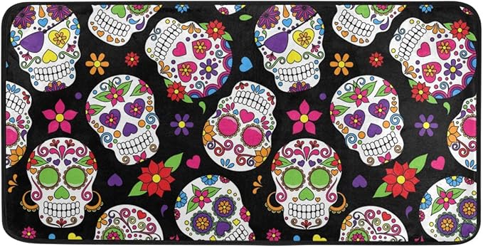 Anti Fatigue Kitchen Floor Mat, 39 x 20 In Sugar Skull Non Slip Absorbent Comfort Modern Standing Mat Soft Kitchen Runner Rug for Hallway Entryway Bathroom Living Room Bedroom Halloween Ghost - sugar skull car floor mats