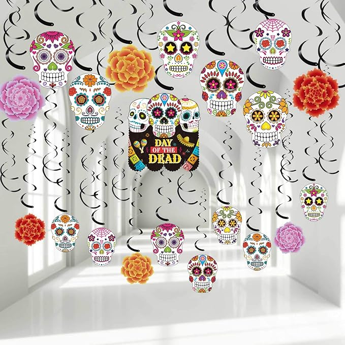 30 pcs Day of The Dead Foil Swirls Decorations Halloween Sugar Skull Flowers Ceiling Hanging Swirls Dia de Los Muertos Party Favors Supplies for Halloween Birthday Skull Mexican Party (Classic Style) - sugar skull christmas decorations