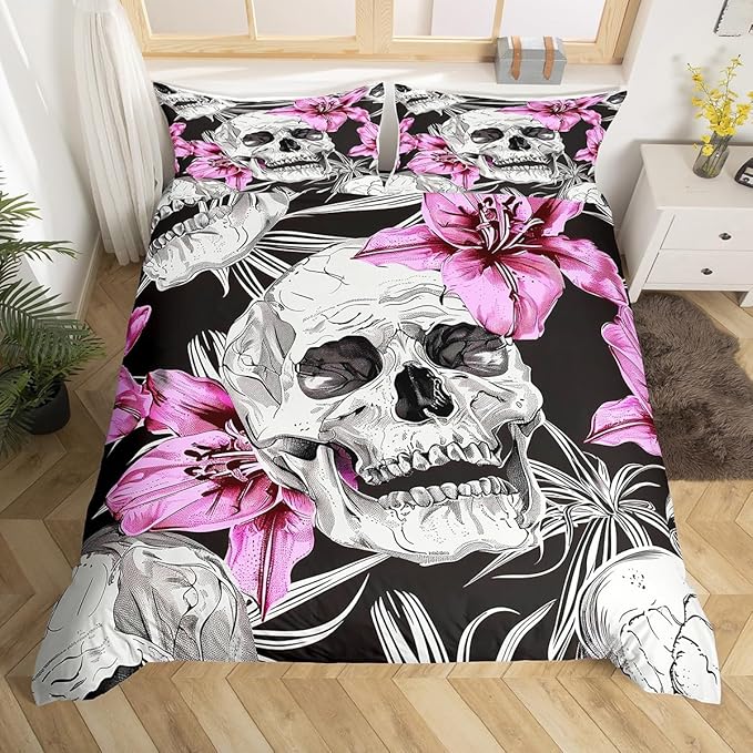 Feelyou Girls Sugar Skull Bedding Set Women Skull Pattern Duvet Cover for Kids Teens Purple Floral Flowers Comforter Cover Skeleton Design Bedspread Cover Bedroom Decor Quilt Cover 3Pcs Queen Size - sugar skull bedding set