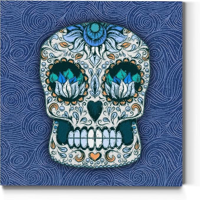 Renditions Gallery Sugar Skull Wall Art, Blue, Heart, Vibrant Colors, Mexican Artwork, Day of The Dead, Premium Gallery Wrapped Canvas Decor, Ready to Hang, 32 in H x 32 in W, Made in America Print - sugar skull poster print