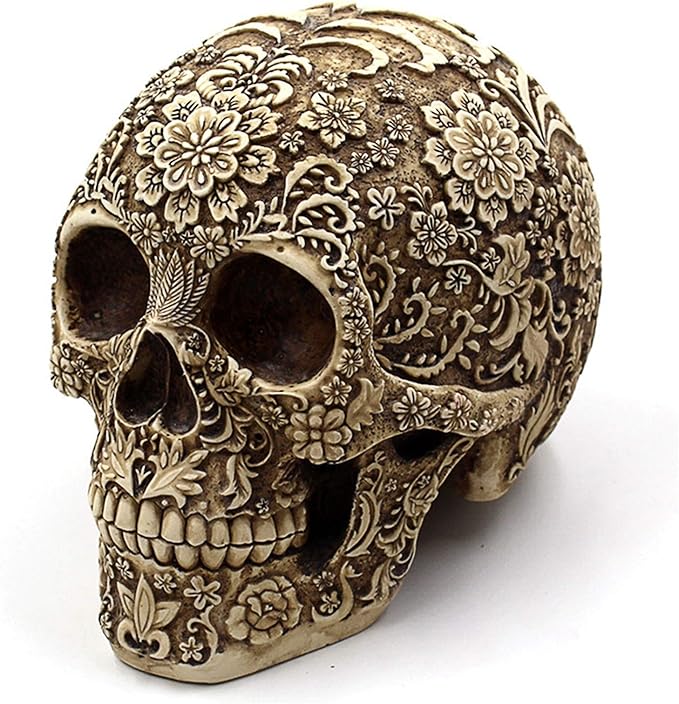 UJOY Creative Skull Flowers Sculpture 8.1'' Human Head Skeleton Statue Collectible Halloween Decoration Home Decor - sugar skull figurine collectible