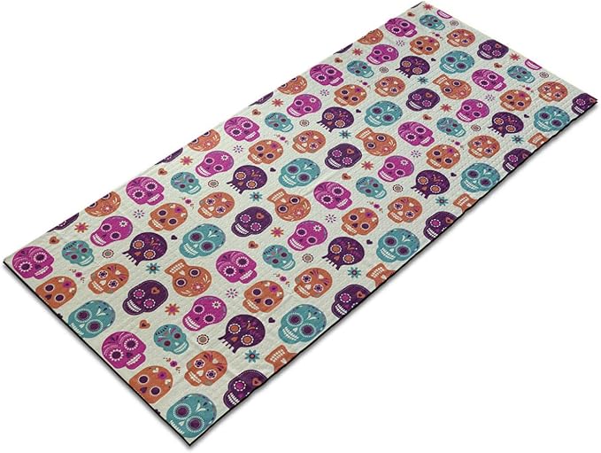 Ambesonne Sugar Skull Yoga Mat Towel, Colorful Skull Silhouettes Hearts and Flowers Carnival Celebration Theme, Non-Slip Sweat Absorbent Yoga Pilates Workout Pad Cover, 25" x 70", Multicolor - sugar skull yoga mat