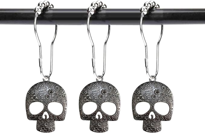 Set of 12 Sugar Skull Shower Curtain Hooks Decorative Home Bathroom Stainless Steel Rustproof Skeletons Shower Curtain Rings Decor Accessories (Black) - sugar skull shower curtain set