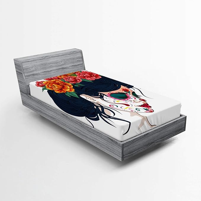 Ambesonne Day of The Dead Fitted Sheet, Girl with Sugar Skull Makeup and Floral Wreath Cartoon Graphic, Bed Cover with All-Round Elastic Deep Pocket for Comfort, Twin XL Size, Multicolor - sugar skull wreath for front door