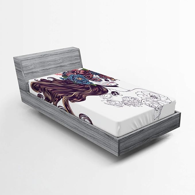 Lunarable Ethnic Fitted Sheet, Traditional Sugar Skull Girl with Flower Wreath Mourning Festival Day, Bed Cover with All-Round Elastic Deep Pocket for Comfort, Twin Size, Multicolor - sugar skull wreath for front door