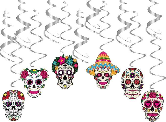 Foil Hanging Swirls Day of the dead Sugar Skull Set Birthday Party Favors Supplies Decorations Ceiling Decor Dia de los Muertos Halloween - sugar skull christmas decorations