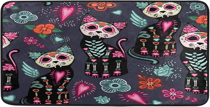 Kitchen Floor Mat Day of The Dead Cat Sugar Skull Flower Non Slip Absorbent Runner Rugs Doormat for Entryway Entrance Bathroom Garage Home Decor Indoor Outdoor 39"x20" - sugar skull floor mat