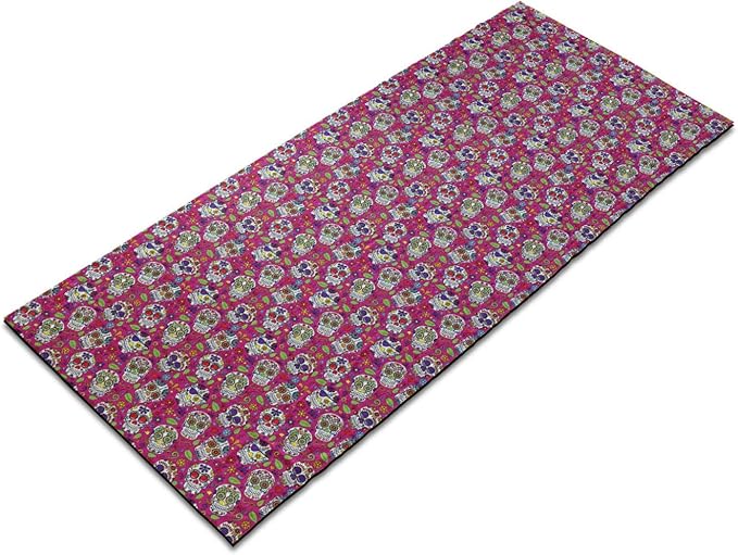 Ambesonne Sugar Skull Yoga Mat Towel, All Saints Day Oriental Mexican Flowers Hearts Vibrant Design Print, Non-Slip Sweat Absorbent Yoga Pilates Workout Pad Cover, 25" x 70", Hot Pink Purple Green - sugar skull yoga mat