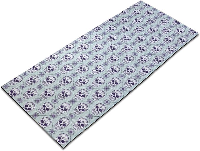 Ambesonne Sugar Skull Yoga Mat Towel, Flower Pattern with Skulls on Geometric Floral Damask Background, Non-Slip Sweat Absorbent Yoga Pilates Workout Pad Cover, 25" x 70", Pale Blue Purple White - sugar skull yoga mat