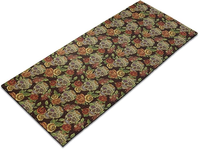 Ambesonne Sugar Skull Yoga Mat Towel, Autumn Colored Flowers and Leaves Patterns in Smily Head Bones, Non-Slip Sweat Absorbent Yoga Pilates Workout Pad Cover, 25" x 70", Pale Green Yellow Orange - sugar skull yoga mat