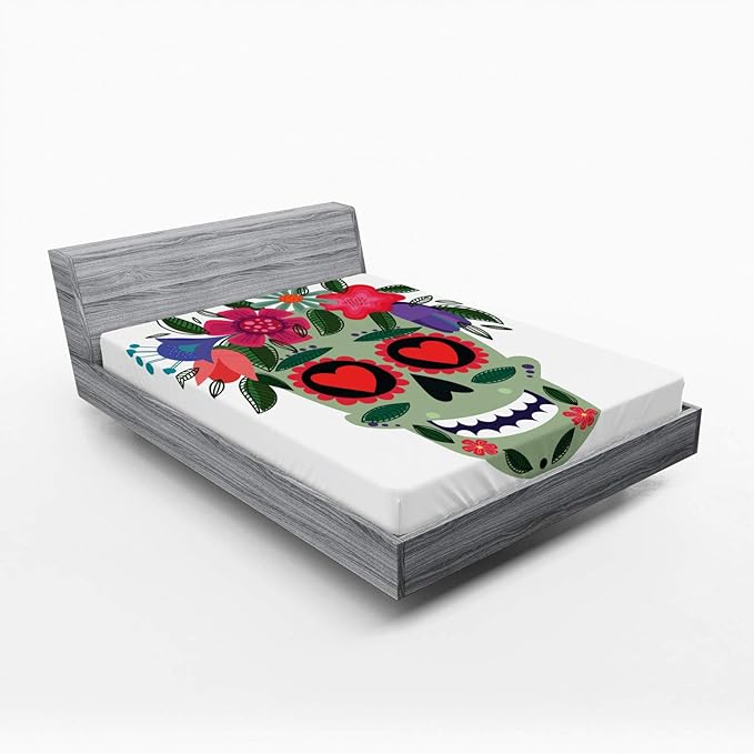 Ambesonne Sugar Skull Fitted Sheet, Smiling Skull Wearing Floral Wreath Image Mexican Tradition Concept, Bed Cover with All-Round Elastic Deep Pocket for Comfort, Full Size, Multicolor - sugar skull wreath for front door