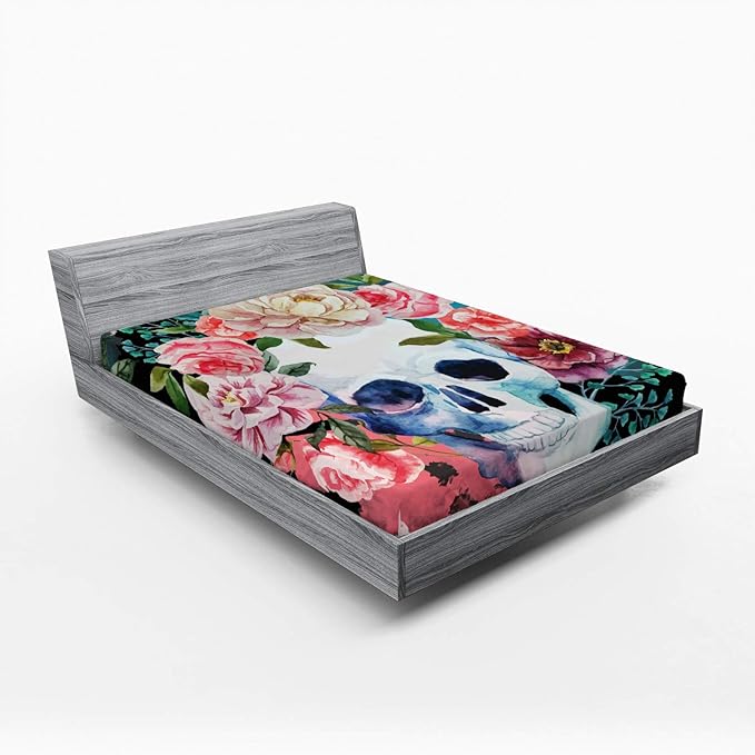 Ambesonne Sugar Skull Fitted Sheet, Watercolor Style Gothic Skull Image with Tender Peonies as Festival Wreath, Bed Cover with All-Round Elastic Deep Pocket for Comfort, Full Size, Multicolor - sugar skull wreath for front door