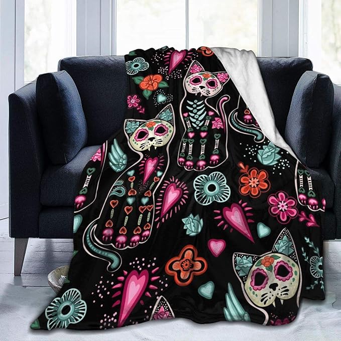 Ouqiuwa Day of The Dead Cat Kitten Sugar Skull Throw Blanket Soft Lightweight Washable Flannel Fleece Blanket 50"X40" for Bed Sofa Couch Camping Travel - sugar skull area rug