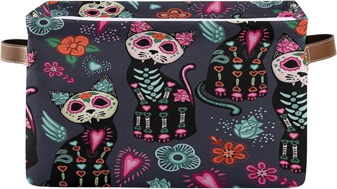 AUUXVA Storage Basket Day of The Dead Cat Sugar Skull Flower Storage Cube Box Durable Canvas Collapsible Toy Basket Organizer Bin with Handles for Shelf Closet Bedroom Home Office - sugar skull beach towel