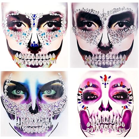 4 Packs PADOUN Face Gems Jewels, Day of The Died Skull Temporary Rhinestone Face Tattoo, Face Stickers Gems Jewels for Halloween - sugar skull makeup kit