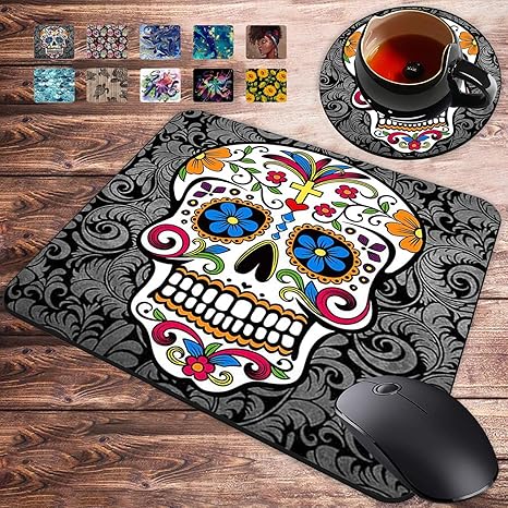 Gaming Mouse Pad and Coasters Set, Sugar Skull Mousepad, Non-Slip Rubber Rectangle Mouse Pad, Customized Mouse Mat for Working and Gaming - sugar skull coasters set