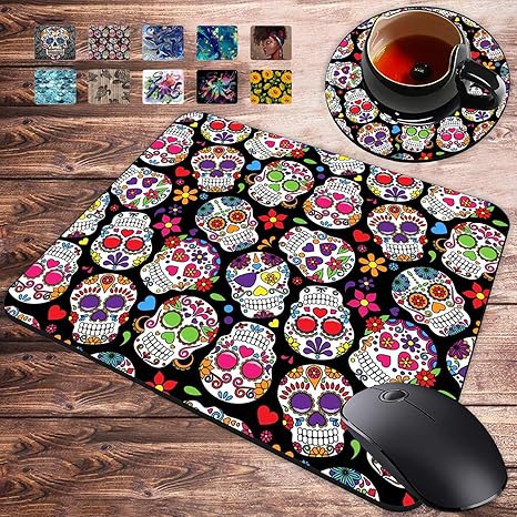 Gaming Mouse Pad and Coasters Set, Day of The Dead Colorful Vintage Sugar Skull Mousepad, Non-Slip Rubber Rectangle Mouse Pad, Customized Mouse Mat for Working and Gaming - sugar skull coasters set
