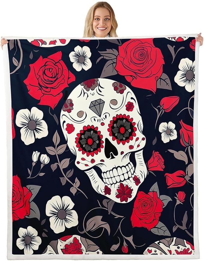 Floral Sugar Skull Fleece Throw - 50"x60" Flowers Printed Sherpa Blanket - Decorative Microfiber Gothic Skeleton Plush Blanket - Scary Horror Design - Red Black Fuzzy - sugar skull throw blanket