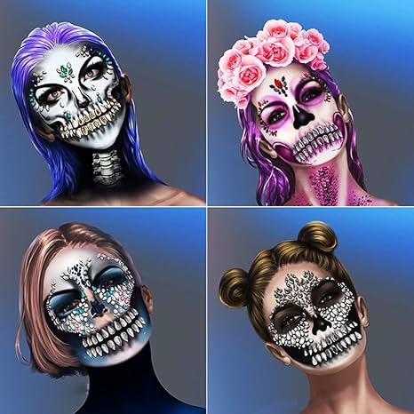 Face Jewels Day of the Death Face Gems Tattoo Face Gems Stick on Halloween Makeup Costume,4-Pack - sugar skull temporary tattoo