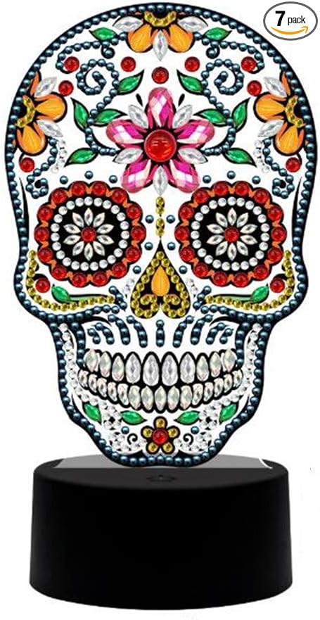 pigpigboss Skull LED Diamond Painting Night Lamp, Crystal Diamonds Dots Art Night Lamp with 7 Colors for Adults Beginner Home Room Desktop Decor - sugar skull table lamp