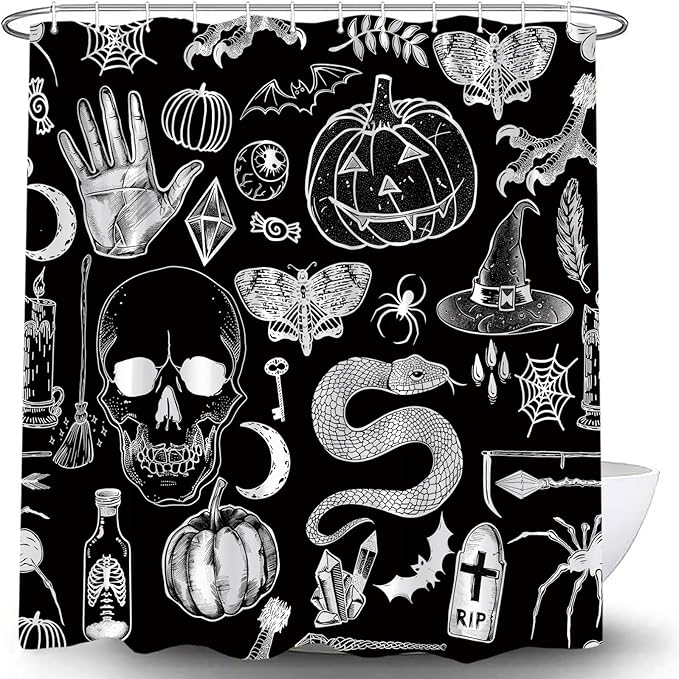 Halloween Spooky Shower Curtain Black Alchemy Magic World Witch Pumpkin Witchcraft Horror Skull Spooky Ghosts Watercolor Boho for Girls Boys Bathroom Curtain Set 70x70 INCH with Hook - sugar skull shower curtain set