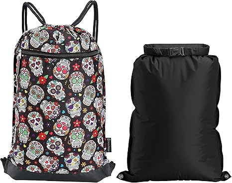 GymSak | Patented 2-in-1 Drawstring Cinch Bag with Removable Waterproof Dry Bag | Sugar Skulls - best sugar skull backpack