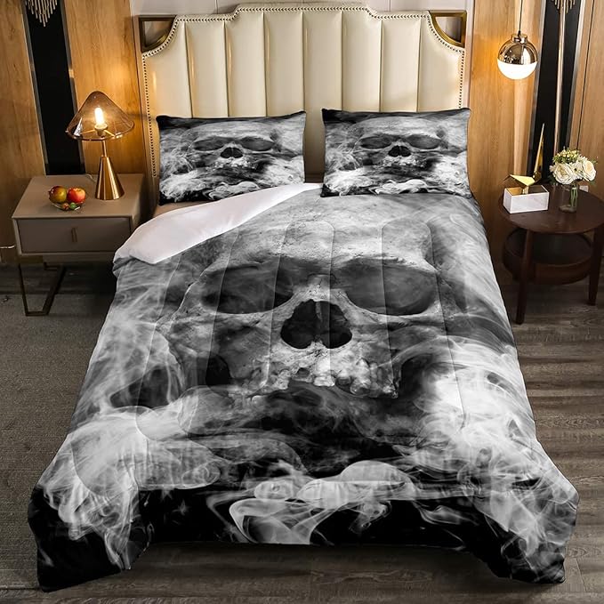 Erosebridal Skull Comforter Set Queen, Halloween Down Comforter, Gothic Fog Smoke Skull Skeleton Quilted Duvet, Grey Bedding Comforters for Young Man Boy Teens, Room Decorative, Soft Duvet Insert - sugar skull throw blanket