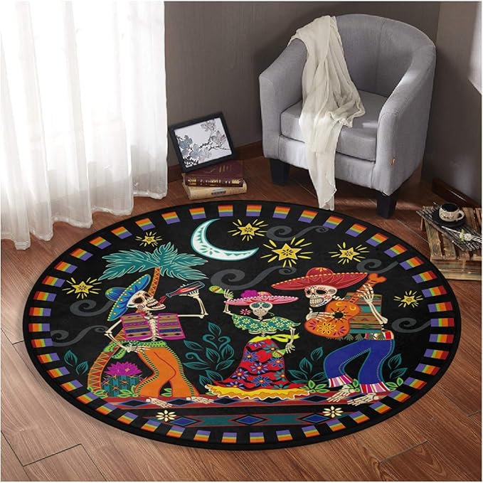 Mexican Skull Music Round Area Rug Halloween Soft Non Skid Easy Clean 3ft Area Carpet Day of The Dead Circle Floor Mat for Living Room Kitchen Bathroom - sugar skull area rug