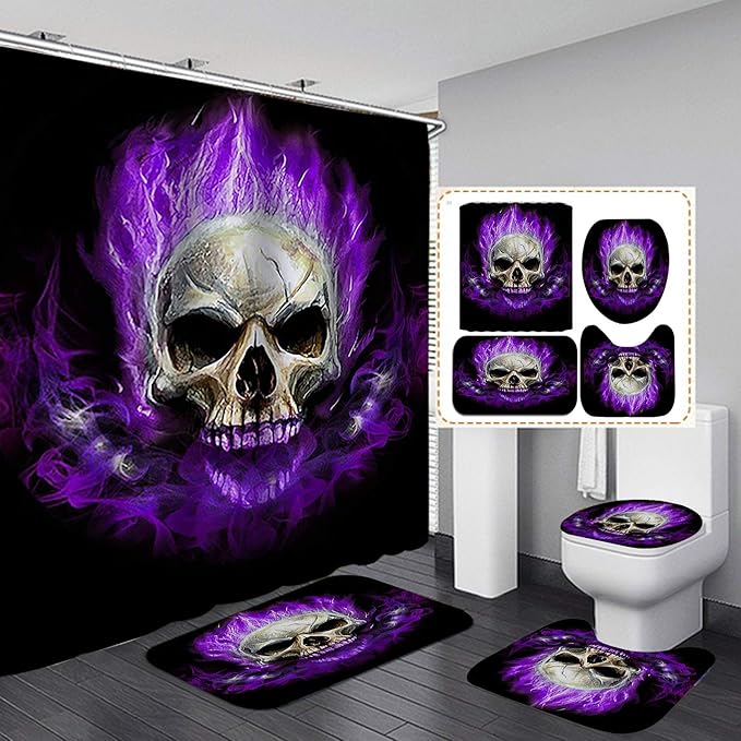 Jayden&Madge 4PCS/Set Flame Skull Shower Curtain, Fantasy Burning Skeleton Bathroom Decor, Waterproof Polyester Cloth Fabric Bath Curtain, Non-Slip Bathroom Mat Toilet Rug Black Bath Mat, Purple - sugar skull toilet mat set