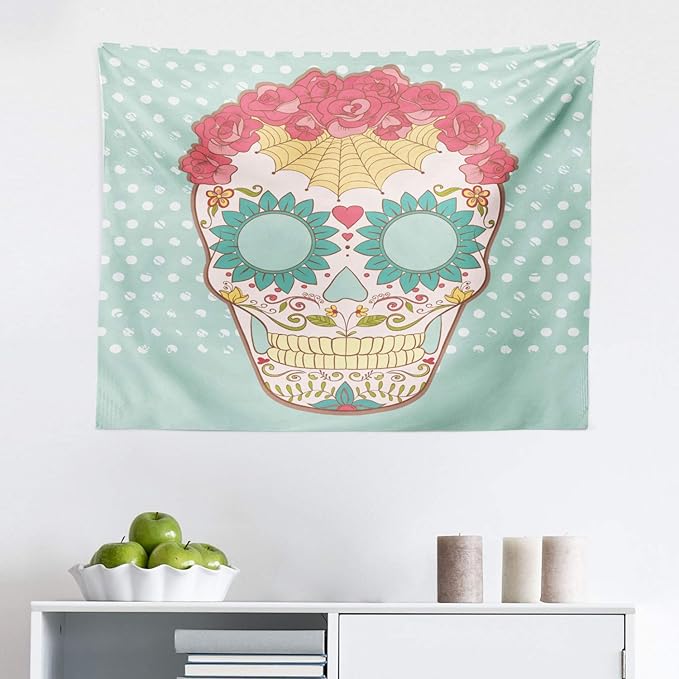 Ambesonne Sugar Skull Tapestry, Image of Lady Skeleton Head Ornamented with Floral Wreath and Cultural Motifs, Fabric Wall Hanging Decor for Bedroom Living Room Dorm, 28" X 23", Multicolor - sugar skull wreath for front door