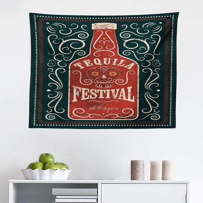 Ambesonne Tequila Tapestry, Retro Poster Like Design Swirls and Bottle with Sugar Skull, Fabric Wall Hanging Decor for Bedroom Living Room Dorm, 28" X 23", Charcoal Grey Paprika - sugar skull poster print