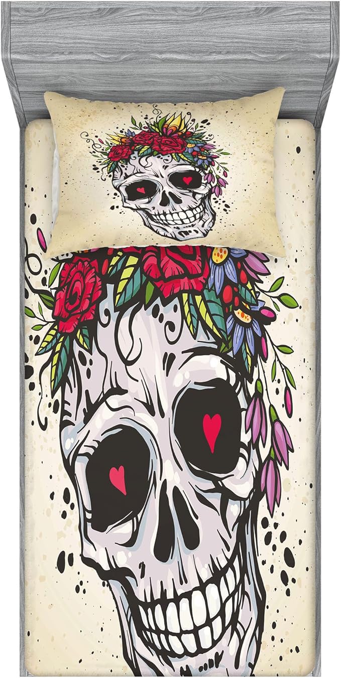 Ambesonne Sugar Skull Fitted Sheet & Pillow Sham Set, Human Skull with Wreath of Roses and Wild Flowers Hearts in Boho Form Design, Decorative Printed 2 Piece Bedding Decor Set, Twin, Multicolor - sugar skull wreath for front door