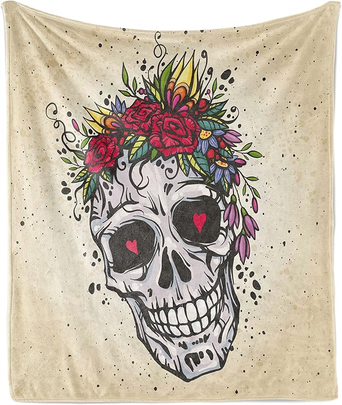 Ambesonne Sugar Skull Throw Blanket, Human Skull with Wreath of Roses and Wild Flowers Hearts in Boho Form Design, Flannel Fleece Accent Piece Soft Couch Cover for Adults, 50" x 70", Multicolor - sugar skull wreath for front door