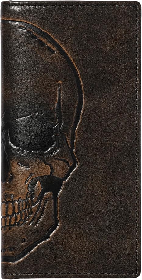 Skull Long Bifold Wallet for Men, Full Grain Cowhide Leather Biker Wallet, Black - sugar skull wallets for women