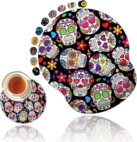 Ergonomic Mouse Pad with Gel Wrist Rest Support, Non Slip PU Base Mouse Pad Wrist Rest for Computer, Home Office Gaming, Pain Relief Day of The Dead Colorful Vintage Sugar Skull + Cup Coaster - sugar skull table lamp
