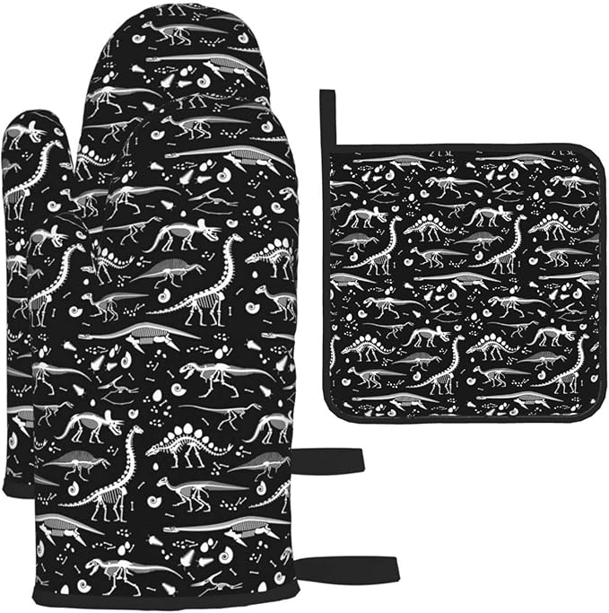 Oven Mitts and Potholders, Black and White Dinosaur Skeleton Baking Glove and Pot Holder for Cooking BBQ, 3-Piece Set - sugar skull oven mitts