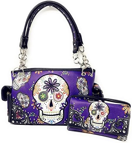 Women's Embroidered Flora Sugar Skull Purse Handbag and Clutch Wallet set in 4 colors - sugar skull handbags for sale