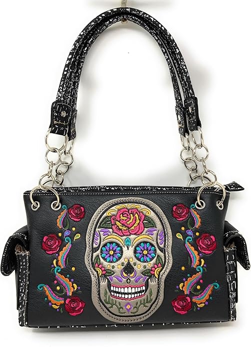Women's Embroidered Flora Sugar Skull Purse Handbag and Clutch Wallet set in 4 colors - sugar skull handbags for sale