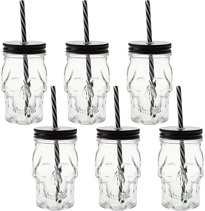 TOPZEA 6 Pack Mason Jars Mugs, 16 oz Glass Skull Mason Drinking Mugs Tumbler Cup with Straws Old Fashioned Jar Drinking Glasses Heavy Base for Beverage, Brandy, Liquor, Jello - sugar skull tumbler with straw