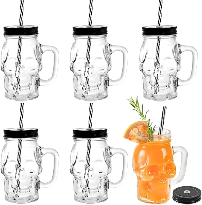 TOPZEA 6 Pack Skull Mason Jars with Handle, 16 Oz Glass Beer Mugs Gothic Wide Mouth Tumbler Cup with Straws and Lids, Novelty Pub Bar Mug Halloween Drinking Glasses for Beverage, Liquor, Mix Cocktail - sugar skull tumbler with straw